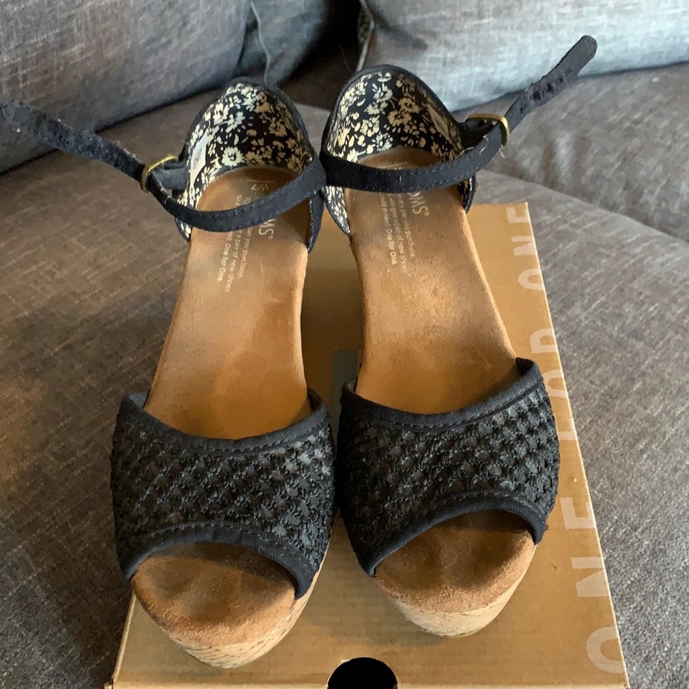Toms Black Crochet with Cork Wedge